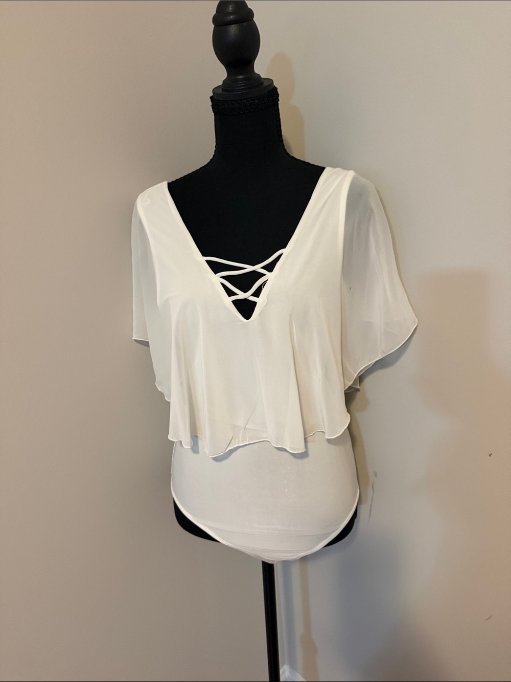 White Crisscross chiffon V-Neck Flutter Body Suit